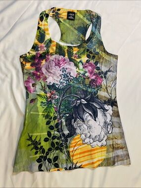bcg Green Floral Racerback Tank with Pink Blooms